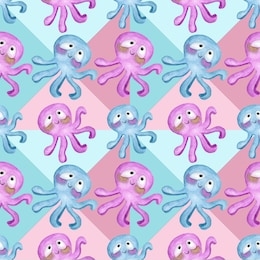 seamless pattern of cute cartoon-style pink and blue octopuses on a pink and blue background divided into triangles . watercolor illustrations for postcards, wallpaper, texture, design, and so on