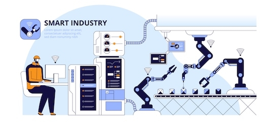 modern smart factory flat vector illustration. engineer working with computer cartoon character. manufacturing process innovation. industry 4.0 concept. assembling line calibration, control system