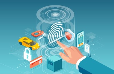biometric access finger print control concept. vector of a businessman using digital touch scan identification system to gain access