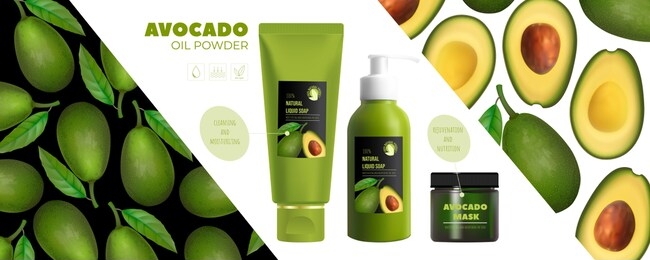 design avocado cosmetics product advertising for catalog, magazine. mock up of cosmetic package. moisturizing cream, gel, milk body lotion with avocado oil.