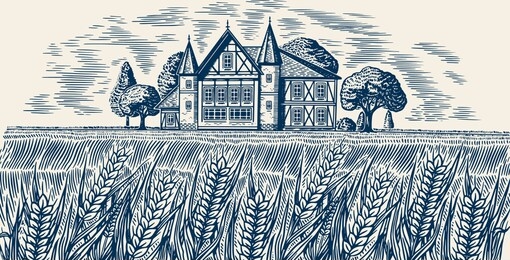 brewery on the background of wheat and barley. scenic view of rural landscape, village field and hill, retro wooden building. hand drawn monochrome vintage sketch for beer or alcoholic beverage label