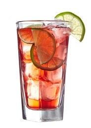 red cold classic alcoholic cocktail (cape cod) decorated with lime on white background
