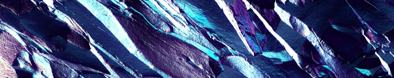 abstract metallic or foil banner background with 3d effect. futuristic, fantasy, space or geological minerals. shades of blue, purple and black. holographic, iridescent and foil backdrop.

