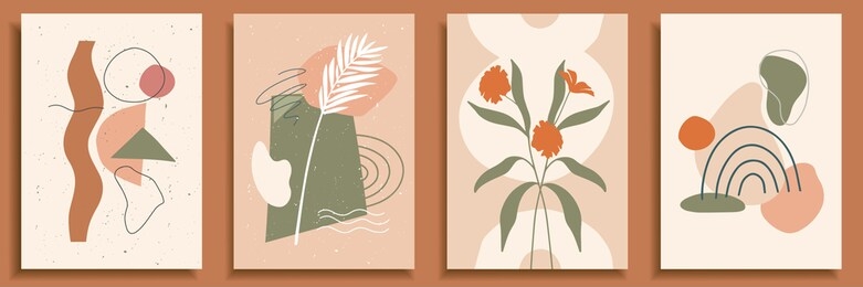 collection of contemporary art posters in pastel colors. abstract paper cut geometric elements and strokes, leaves and dots. great deisgn for social media, postcards, print. 