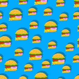 seamless pattern of burger with big cutlet, green leaf lettuce, onion circle, tomato, cucumber and jalapenos. food illustration in flat and doodle style. colorful background for print.