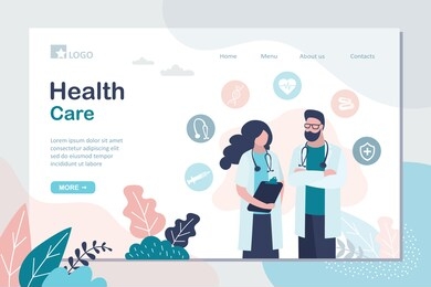 health care landing page template. two doctors in uniform and medical icons.specialist colleagues posing. healthcare concept web background. male and female characters.trendy style vector illustration
