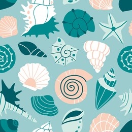 sea shells and starfish blue seamless pattern. cartoon style texture for textile, paper. hand drawn doodle beach shells, mollusk. cute ocean background. abstract decorative flat vector illustration