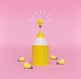 yellow light bulbs and a pencil. creative simple concept of idea on pastel background. 3d rendering