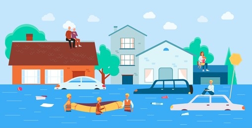 rescue operation after flood disaster with team in floated boat helping people, flat vector illustration. flooded city street background with houses and cars.