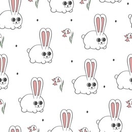 happy easter bunny and flowers hand drawn seamless pattern. cute cartoon rabbit texture.