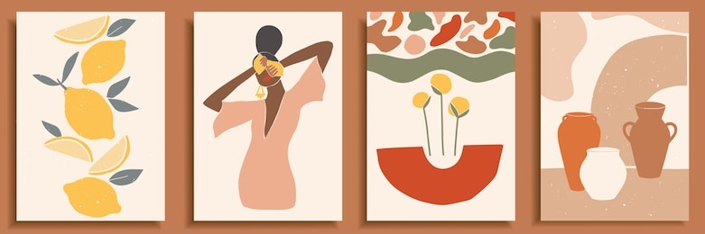 female shape / silhouette on retro summer background. fashion woman portrait in pastel colors. collection of contemporary art posters. abstract paper cut elements, lemons, pottery, abstract shapes.