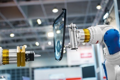industrial automated robot arm holding car glass in factory