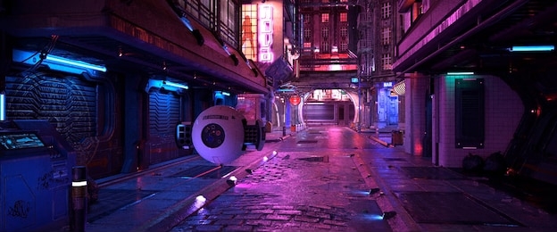 neon night in a cyberpunk city. photorealistic 3d illustration of the futuristic city. empty street with blue and purple neon lights.