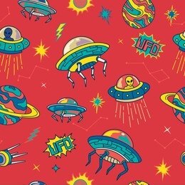 retro colorful ufo invader in the space galaxy seamless pattern. background wallpaper