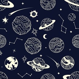 planets universe doodle seamless pattern. background wallpaper