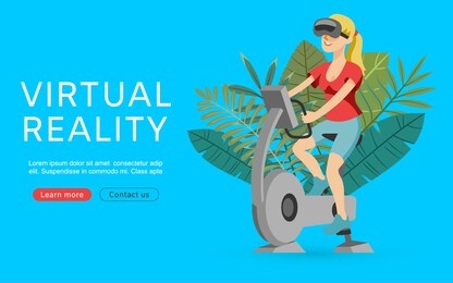 virtual augmented reality vector illustration. sport girl with vr glasses exercising on gym apparatus, workout and bicycle. virtual reality web banner or landing page.