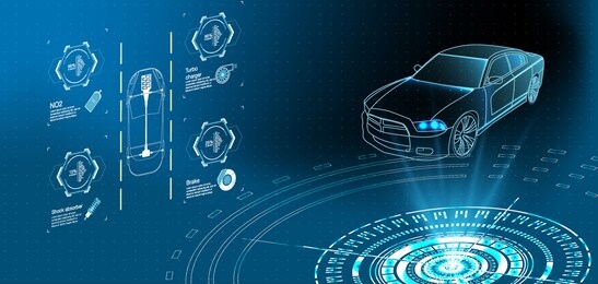 futuristic car service, scanning and auto data analysis. intelligent car banner. futuristic isometric smart car and icons with machine benefits. vector illustration