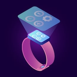 smart watches isometric illustration isolated on violet background. modern digital technologies, electronic device with apps, mobile smartwatches vector concept.