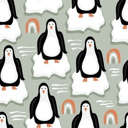 seamless pattern with funny penguins on ice floes. scandinavian background.