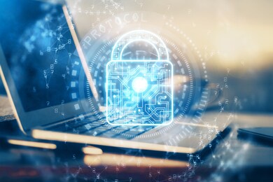 double exposure of desktop with computer and lock icon hologram. concept of data safety.