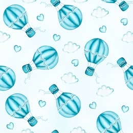 watercolor seamless pattern with air balloon and clouds. hand drawn vintage collage illustration with hot air balloon, flag garlands, abstract pastel clouds and heart. children's textiles. blue