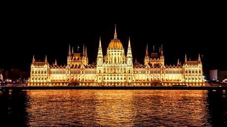 budapest parliament in hungary at night. view form the danube river.
