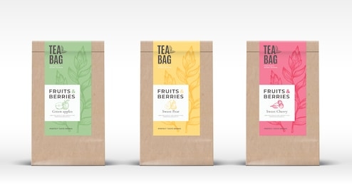 craft paper bag with fruit and berries tea labels set. abstract vector packaging design layout with realistic shadows. hand drawn apple, pear and cherry silhouettes background. isolated.