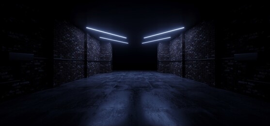 dark blue led brick glowing concrete tunnel corridor garage underground dark night empty industrial car showroom parking modern 3d rendering illustration