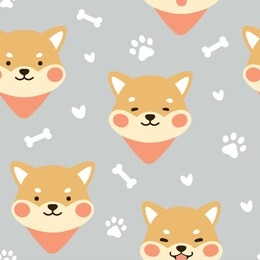 dog seamless pattern background, happy shiba inu with dog paw and bone, cartoon shiba dog vector illustration, scandinavian wallpaper background