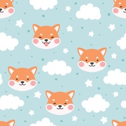 dog seamless pattern background, happy shiba inu with dog paw and bone, cartoon shiba dog vector illustration, scandinavian wallpaper background
