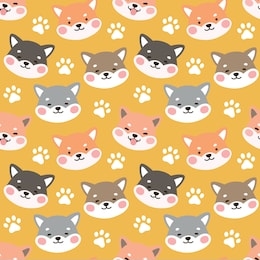 dog seamless pattern background, happy shiba inu with dog paw and bone, cartoon shiba dog vector illustration, scandinavian wallpaper background