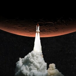 spaceship takes off to mars. rocket flies to the red planet mars.
