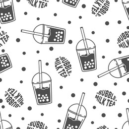 bubble milk tea. a sweet cold drink with tapioca pearl balls. asian street food from taiwan. black and white minimalistic flat design. seamless background with pattern.
