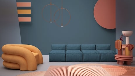 blue colored contemporary living room, pastel colors, sofa, armchair, carpet, coffee tables, frosted glass panels, copper pendant lamps. interior design atmosphere, architecture idea, 3d illustration