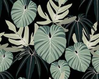 floral seamless pattern, green, black and white tropical leaves plant with on black background, vintage theme.