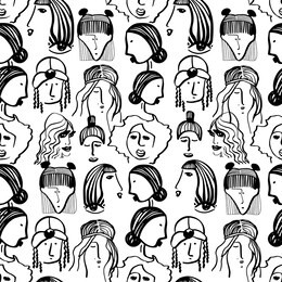 seamless pattern with face womens in trendy one line style. vector doodle fashion illustration. womens day template.design textile,wallpaper,wrapping paper.different glamour girls from diverse ethnic.