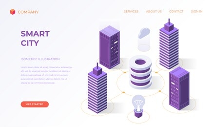 website landing page, promotion poster, flyer or brochure concept for smart city technologies, isometric vector illustration