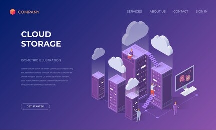website landing page, promotion poster, flyer or brochure concept for cloud data storage, isometric vector illustration