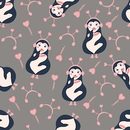 seamless pattern with cute penguins.vector illustration.cartoon flat penguin female with a fish necklace, fur headphones with springs and hearts stands and smiles.can be used for web design,animation,