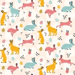 cute rabbit seamless pattern with easter eggs - colorful doodle style print design background