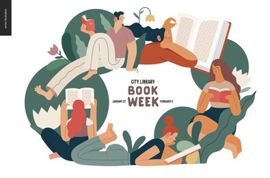 world book day graphics -book week events. modern flat vector concept illustrations of reading people -young men and women reading book sitting and laying down surrounded by plants and blossom flowers