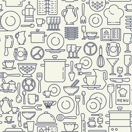 dishes, utensils icons pattern. kitchen utensils seamless background. restaurant kitchenware seamless pattern vector illustration
