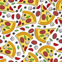 seamless pattern of slice pizza with chopped champignon mushroom, salami sausage circle, ring of olives, semicircle of tomato and basil leaf. illustration in flat style. cute background for print.