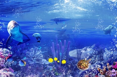 an underwater scene with corals and dolphins