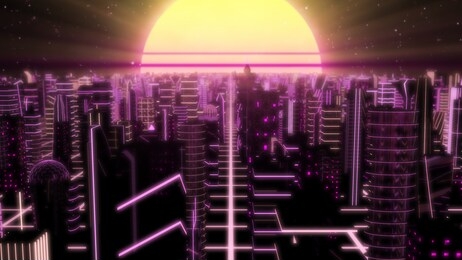 fly through neon city outrun synthwave buildings with 80s retro sun 3d rendering - abstract background texture