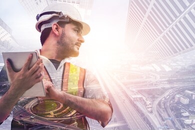 future building construction engineering project concept with double exposure graphic design. building engineer, architect people or construction worker working with modern civil equipment technology.