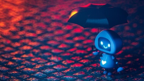 lonely little cute blue robot with a glowing heart on his body stands with an umbrella on a wet sidewalk in a night scene with red bokeh light. friendly bot with a smile on the screen. 3d illustration