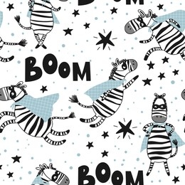 funny seamless pattern with zebras superheroes, stars and the word boom on a white background. creative kids texture for fabric, wrapping, textile, wallpaper. vector illustration in black and blue.