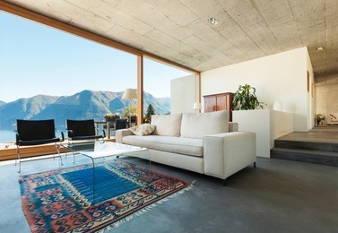 beautiful modern house in cement, interiors, view from the living room