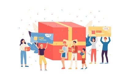 gift voucher banner with people cartoon characters around box, flat vector illustration isolated on white background. discount coupon and shopping certificate prize.